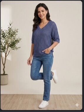 Razzle Dazzlebrand blue v-neck, open-knit, sparkly pullover sweater